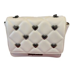 Juicy Couture Off White Quilted Crossbody w/Gun Metal Hearts & Shoulder Strap.